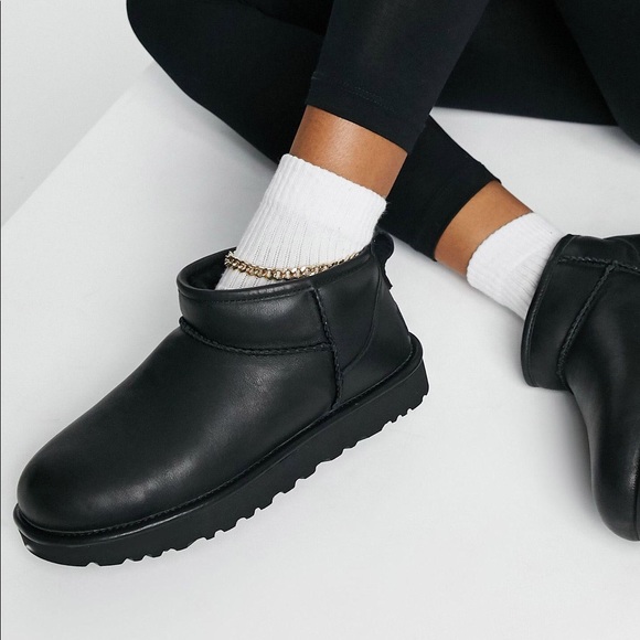 UGG | Shoes | Authentic Black Leather Ultra Mini Uggs Size 6 | Poshmark